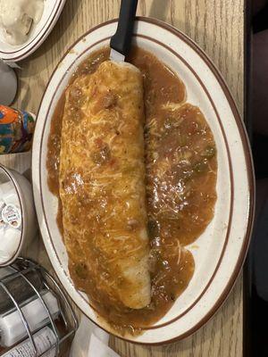 Prego Burrito- rellenos, beans, eggs, and hash browns smothered in green Chile and cheese