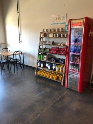 Old fashioned soda cooler and coffee mugs