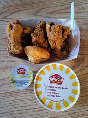 4 piece Krispy Krunchy Combo comes with 1 side and a biscuit.