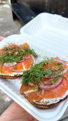 Everything bagel with smoked salmon, cream cheese, caper, red onion, dill