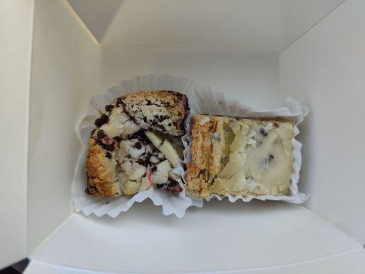 Dark chocolate raspberry bar and chocolate chip philly butter cake bar