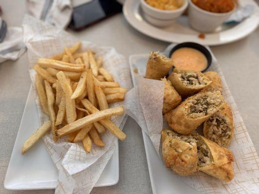 Steak Egg Rolls and fries