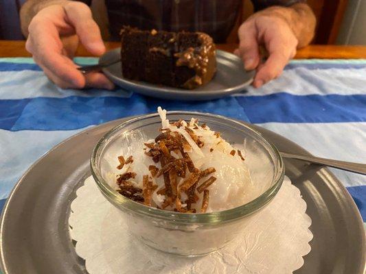 Coconut rice pudding and chocolate pecan pie. Not pictured, espresso martini- definitely recommended with any dessert!!