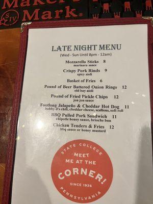 late night food menu