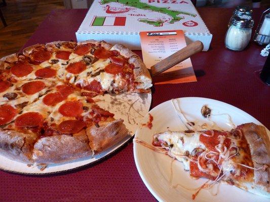 Medium pepperoni and mushroom pizza, showed-up with cold, pasty, un-cooked pepperoni's after waiting almost an hour for it!!!