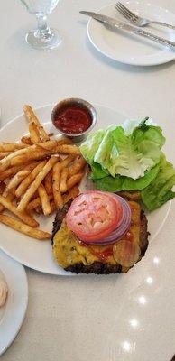 Juicy burger on brioche bun with crispy fries.