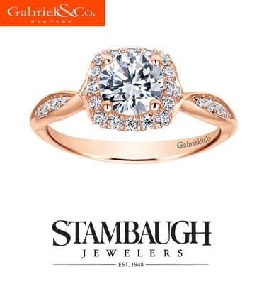 Rose Gold engagement ring by Gabriel & Co. Available exclusively at Stambaugh Jewelers.