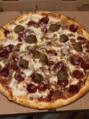 Meat Lovers Pizza with extra cheese. Delicious!