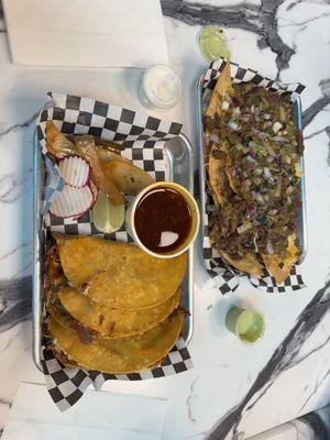 Quesa Birria Tacos and Nachos with asada