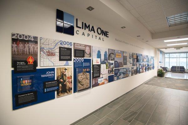 Entry lobby and history wall at Lima One Capital headquarters in Greenville, SC