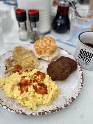 Scrambled eggs, chorizo, and potatoes.