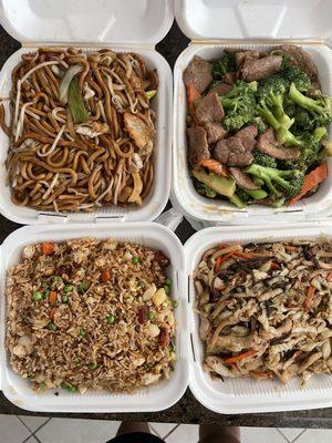 Chicken chow mein, broccoli beef, house fried rice, Mushu pork