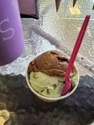 Scoop of pistachio and a scoop of peanut butter cups