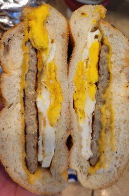 Sausage egg and cheese on a roll