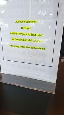 Pool was closed but they let the kids swimming class in there. Managers said it wasn't their liability, but the swimming class organizer's.