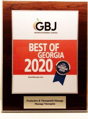 I am honored to have been voted Best of GA Best Massage Therapist!