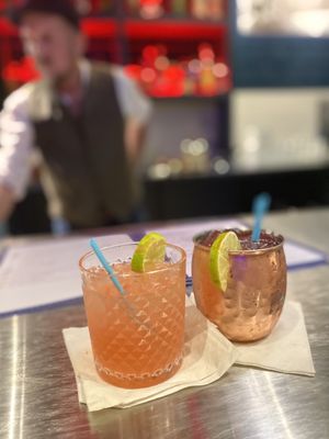 Salty Dog and Smoked Blueberry Mule. Our bartender was great!