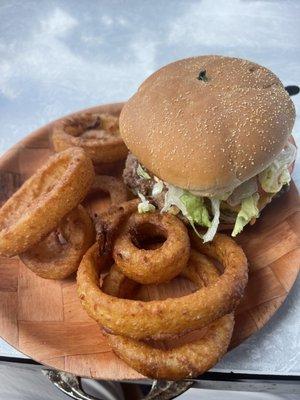 Big T cheeseburger with onion rings