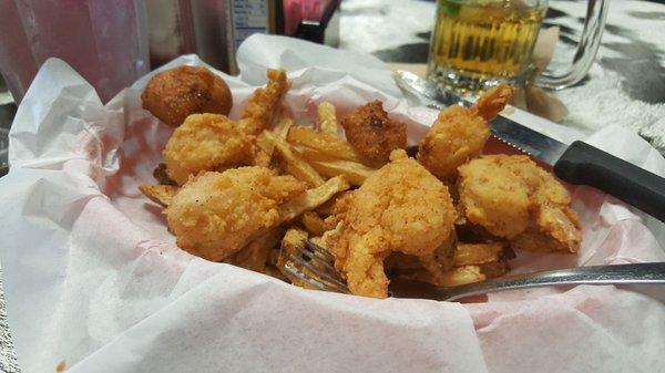 6 large shrimp, cooked to perfection with real fries and hush puppies