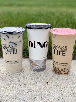 Winter melon milk tea, strawberry Yakult, brown sugar milk tea