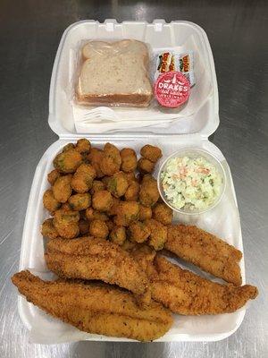 Ocean Perch dinner accompanied by Okra and coleslaw