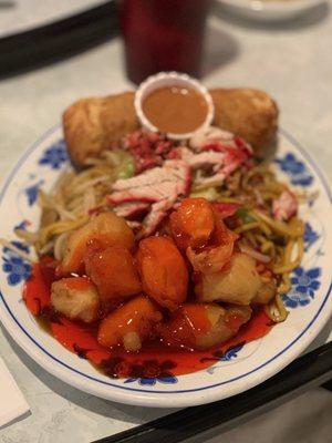 Sweet and sour chicken, pork chow mein, egg roll