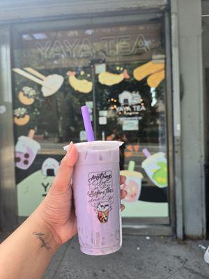 Taro milk tea, 50% ice, 50% sugar, lychee jelly.