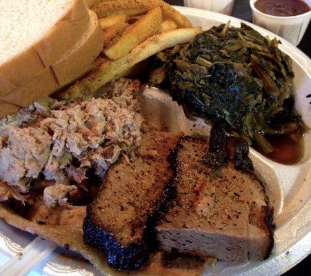 BBQ turnip greens baked beans potato salad yum