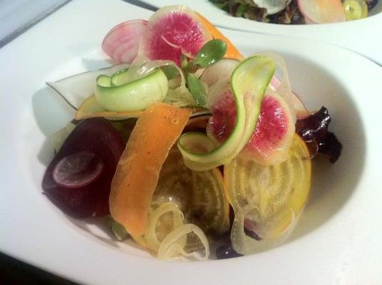 Salad of shaved market vegetables, lemon vinaigrette, and County Line Farms baby lettuces