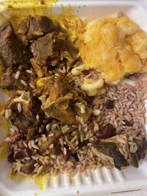 Curry goat, rice and peas, Mac and cheese. This was $19!!