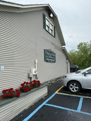 The parking lot side of the building.