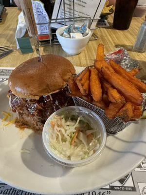 The 211 House Smoked Pulled Pork Sandwich and Sweet Potato Fries