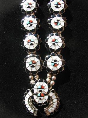 Beautiful Zuni "Sun Face" squash blossom necklace with turquoise, coral, Mother-of-Pearl shell and tortoise shell inlay with sterling silver