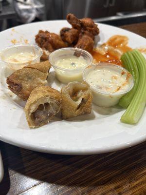 New Philly Cheesesteak eggrolls. Bone in wings(buffalo)