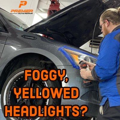 Are your headlights foggy and yellowed?  Come in for our Headlamp Restoration Service!  Clear headlamps will help with poor night visibility