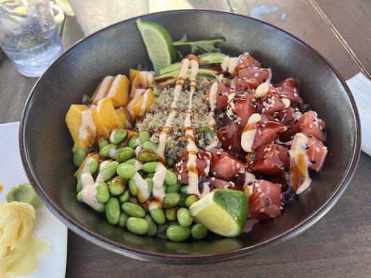 Tropical Mix Poke Bowl with Ahi Tuna, half and half base, only mango in fruit mix