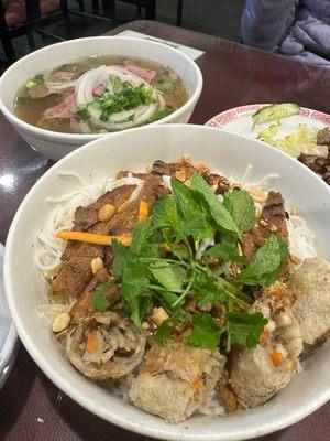 bun with lemon-grass pork and egg rolls