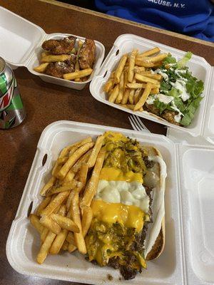 Philly Steak Combo with juice 3 Chicken Tacos and Fries and drink Chicken Strips 3 Pieces