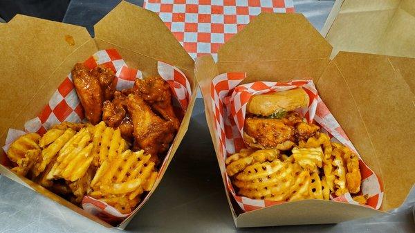 6 PC Ghost Pepper Wings / Hot Honey Garlic Chicken Sandwich Both With Seasoned Waffle Fries