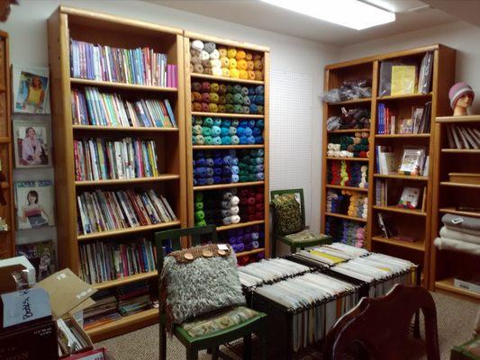 Lots of books and patterns for knit, crochet, tat