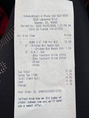 2X 6 inch meal combo receipt w coupon