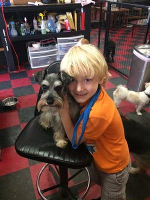 My son and our handsome Bentley (groomed by Merissa)