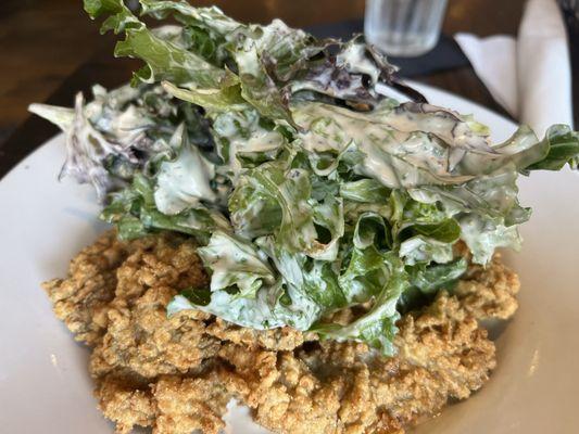 Fried oyster salad with blue cheese salad dressing