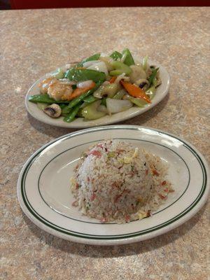 Snow peas with shrimp, and side of fried rice