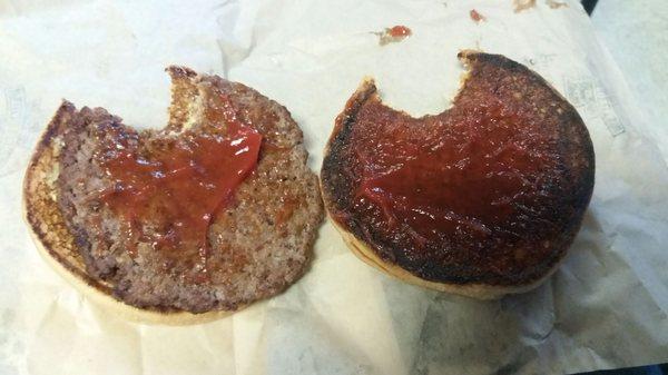 Took 1 bite and my bun tasted burnt, opened it up and the inside of the bun was black! Darker than the patty! The patty was dry too. :(