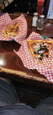 Pizza and half and half fries and onion rings