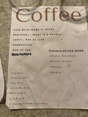 Coffee menu and milk selections