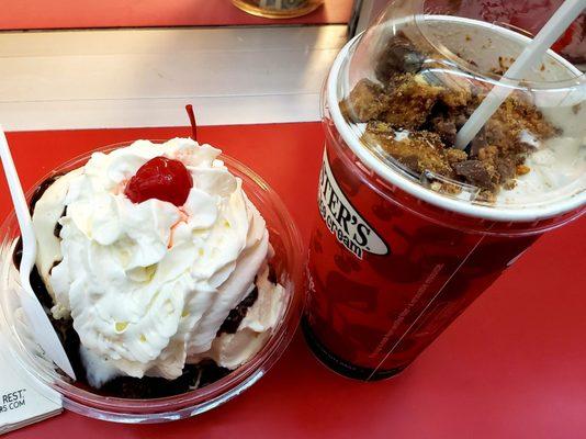 Fudge brownie Sunday on left and reeses cup blast on right . Both are excellent tasting.