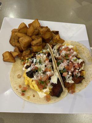 Pork belly scrambled egg tacos with hash brown potatoes - a massive portion