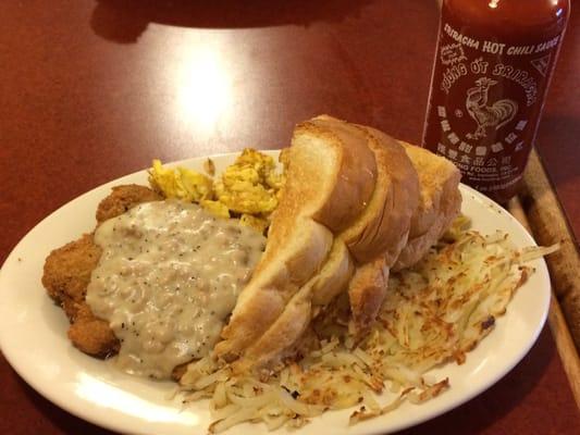 Country Frieds Steak, Scrambled Eggs, and Hash Browns